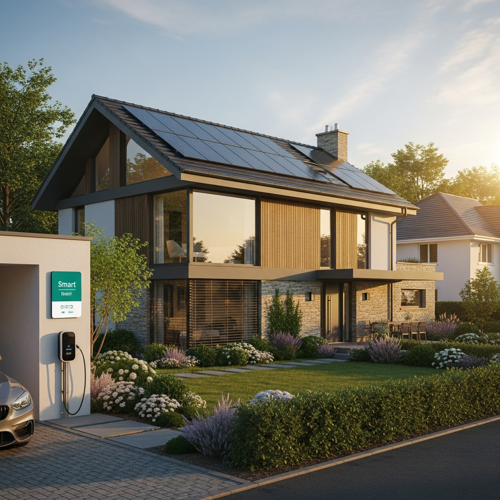 Moderne energieeffiziente Gebäude mit Solarpanels